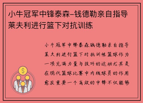 小牛冠军中锋泰森-钱德勒亲自指导 莱夫利进行篮下对抗训练