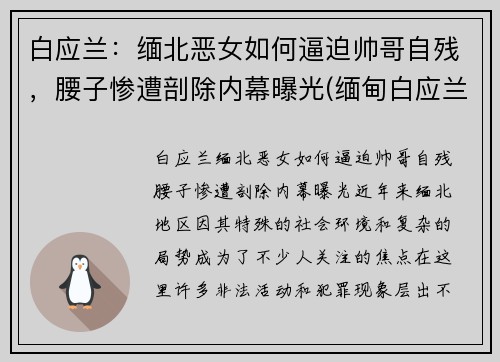 白应兰：缅北恶女如何逼迫帅哥自残，腰子惨遭剖除内幕曝光(缅甸白应兰)