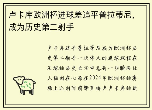 卢卡库欧洲杯进球差追平普拉蒂尼，成为历史第二射手