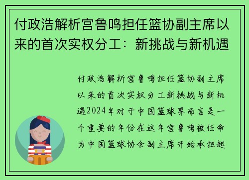 付政浩解析宫鲁鸣担任篮协副主席以来的首次实权分工：新挑战与新机遇
