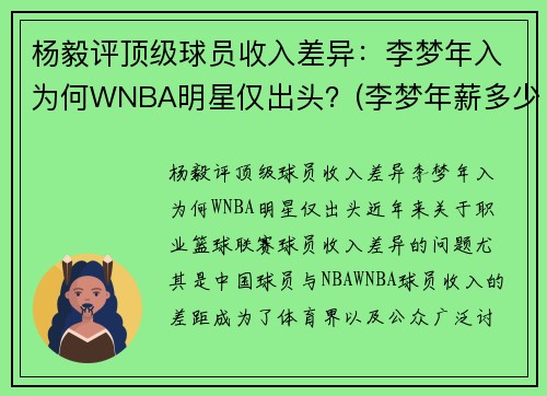 杨毅评顶级球员收入差异：李梦年入为何WNBA明星仅出头？(李梦年薪多少)